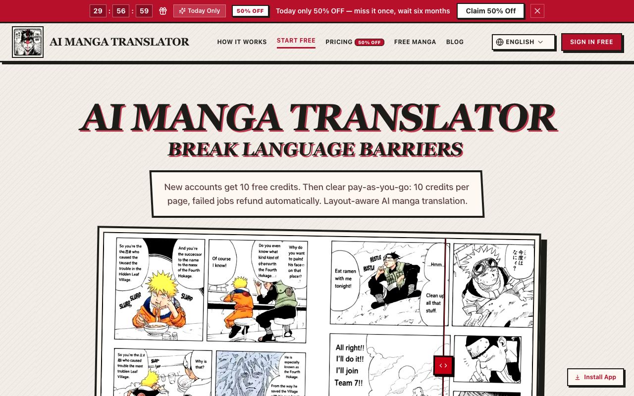AI Manga Translator — schermafbeelding van de website