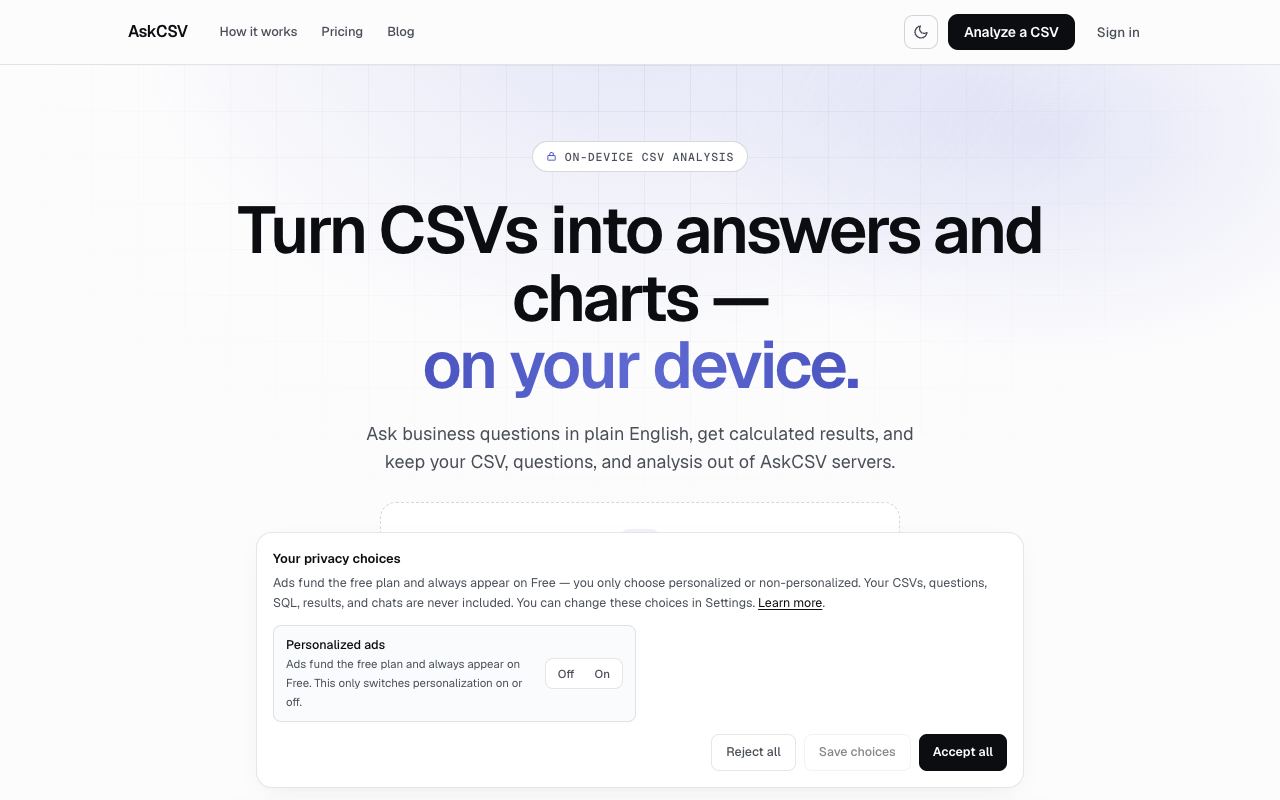 AskCSV — website screenshot