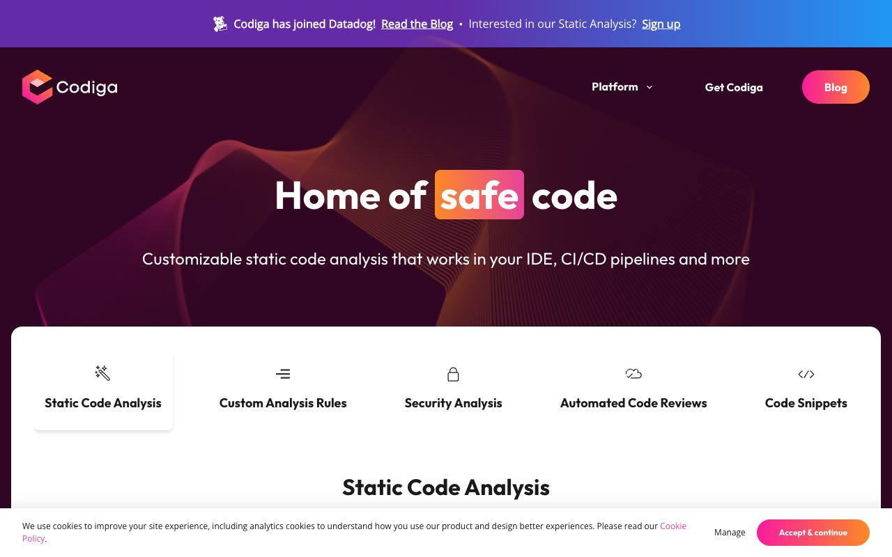 Codiga — site ekran görüntüsü