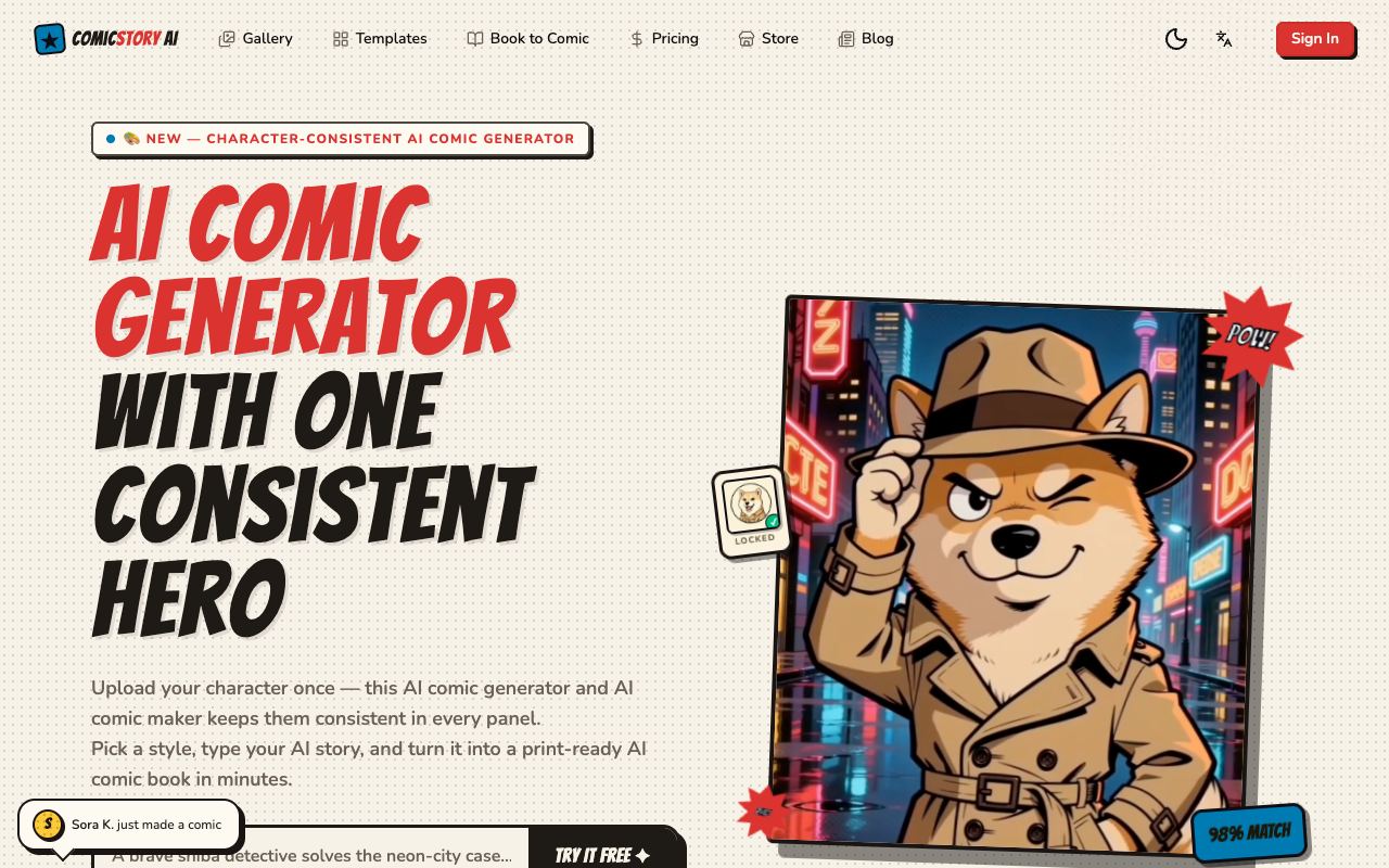 ComicStory AI — لقطة شاشة للموقع