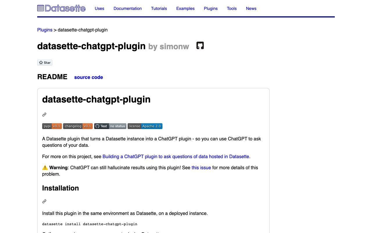 Datasette ChatGPT Plugin — site ekran görüntüsü