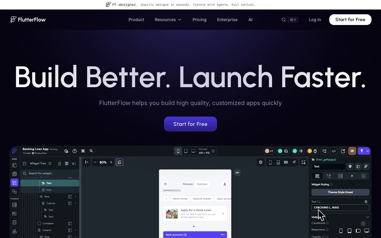 FlutterFlow — site ekran görüntüsü