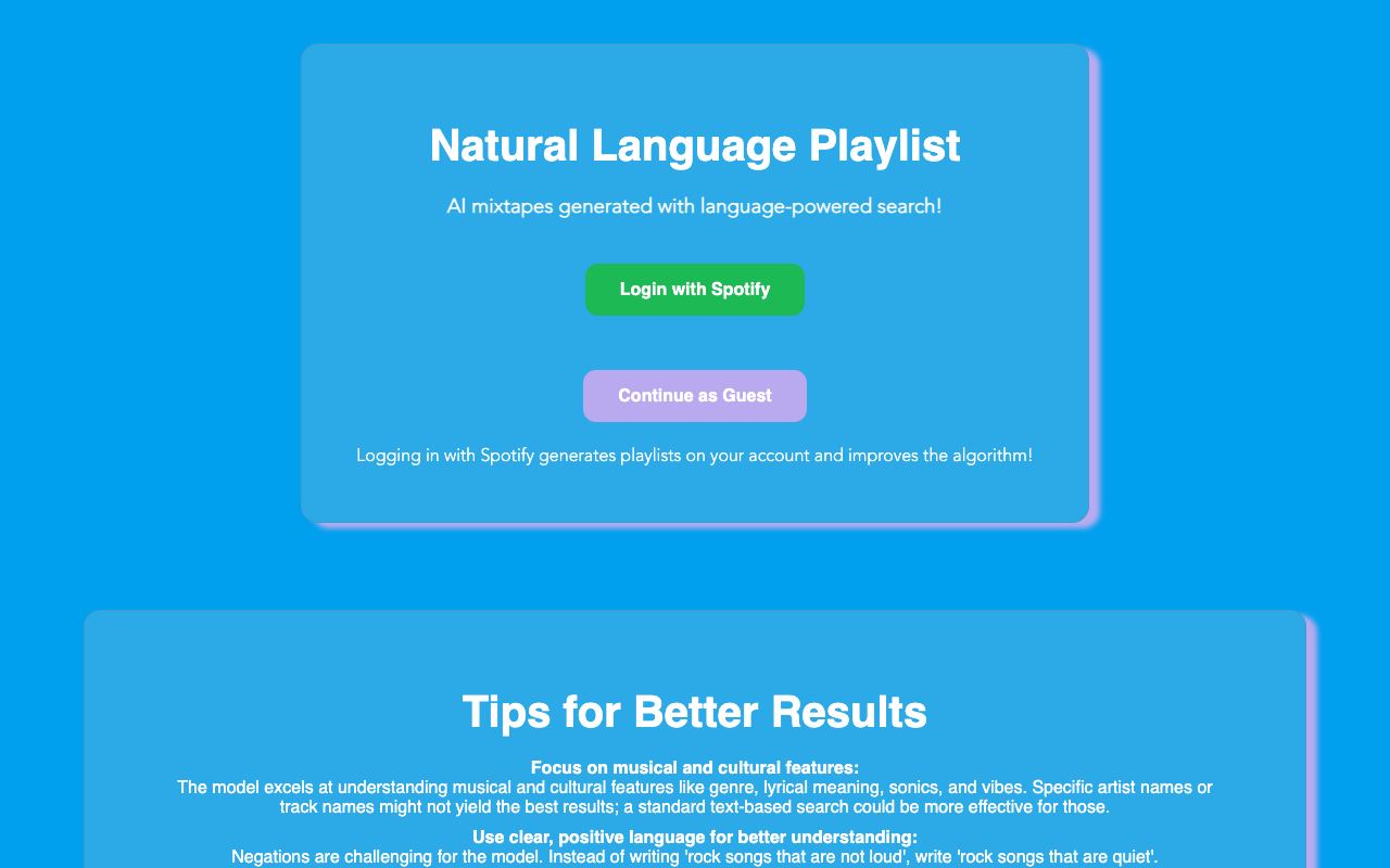 Natural Language Playlist — website screenshot