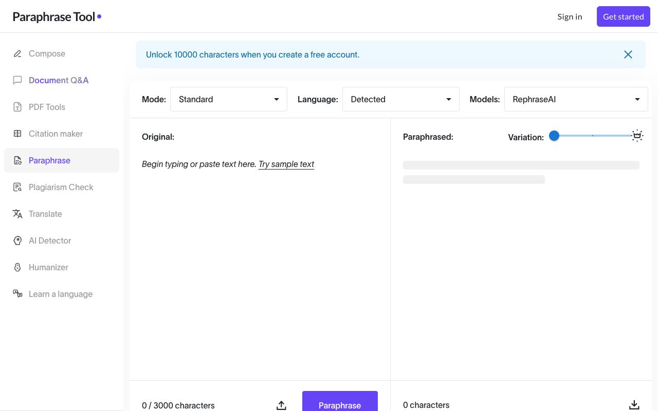 Paraphrase Tool — site ekran görüntüsü