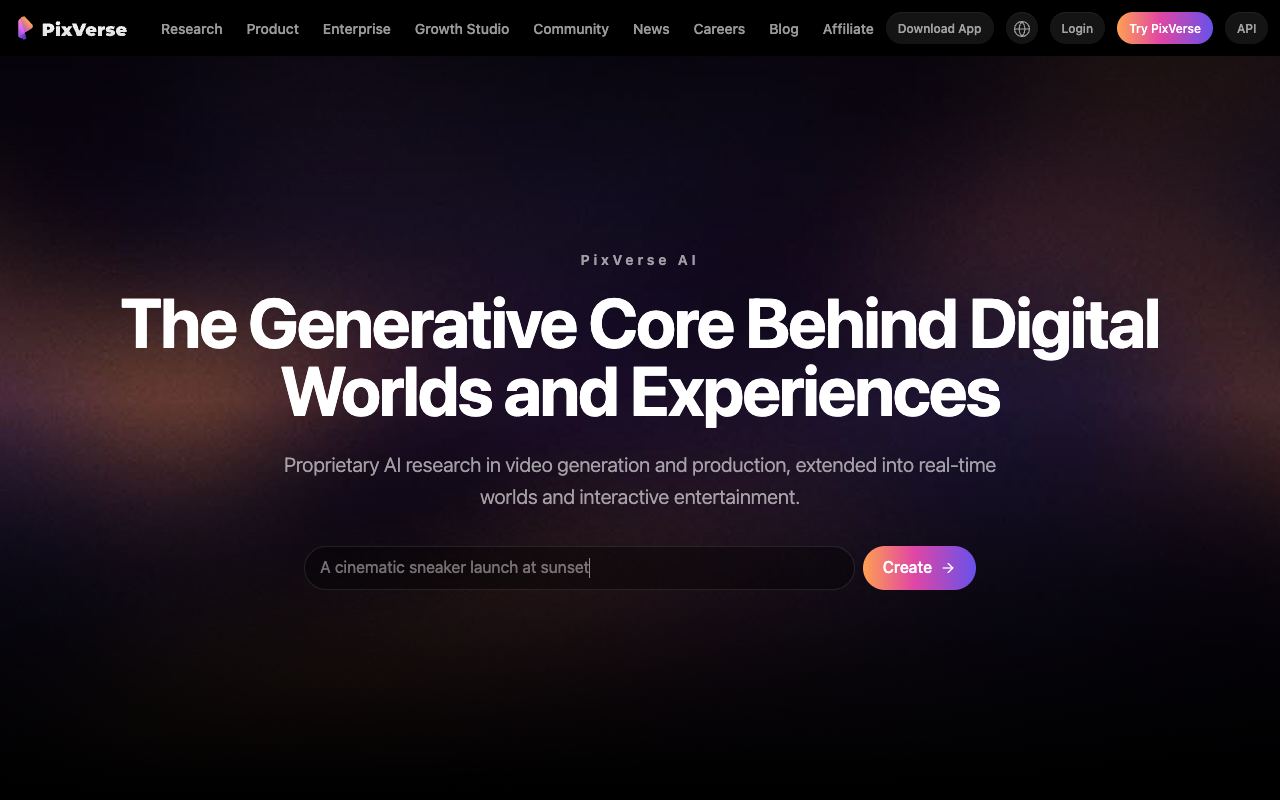 PixVerse — zrzut ekranu strony internetowej