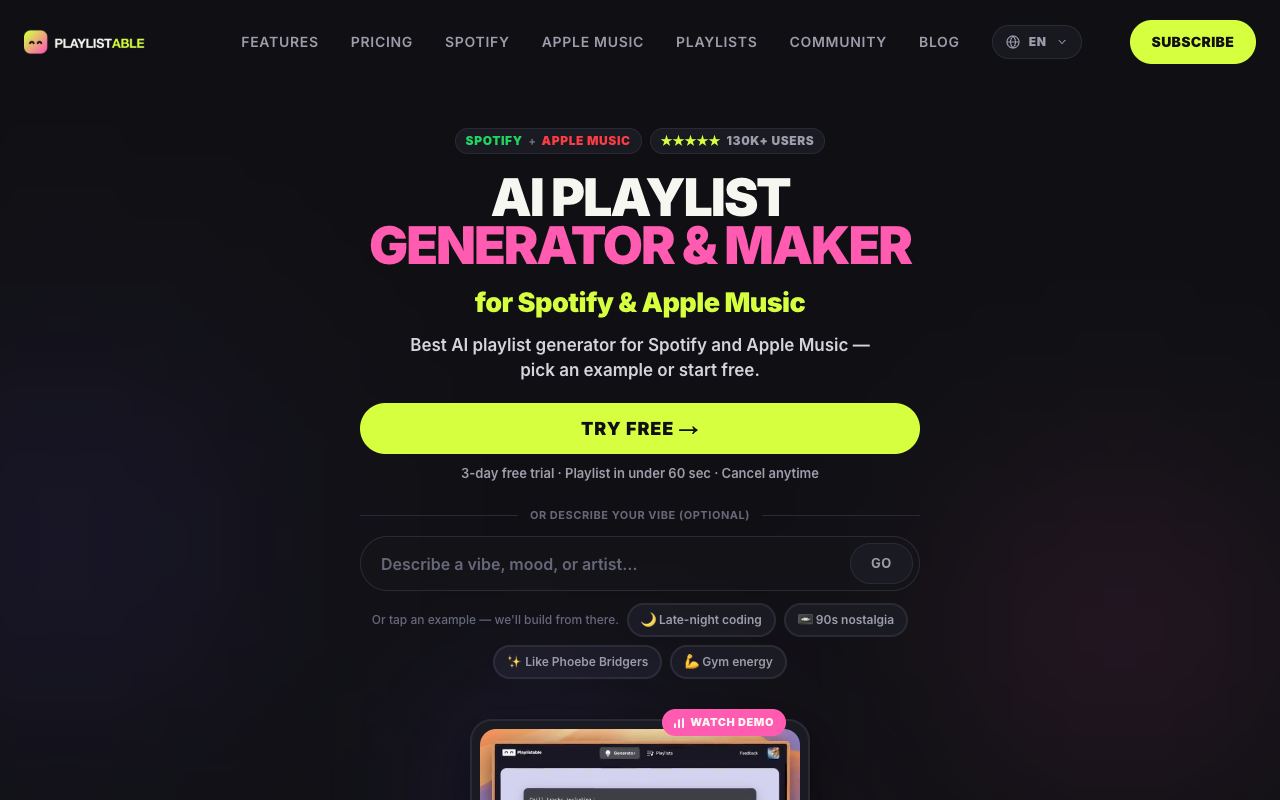 Playlistable — website screenshot
