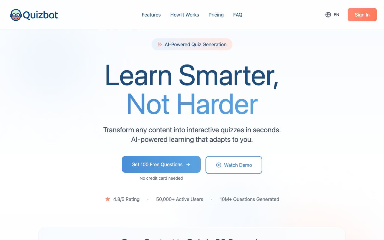 Quizbot — site ekran görüntüsü