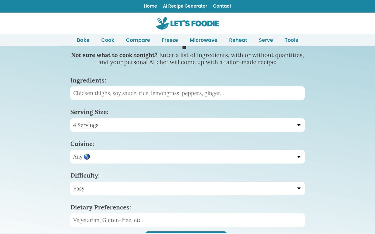 AI Recipe Generator — site ekran görüntüsü