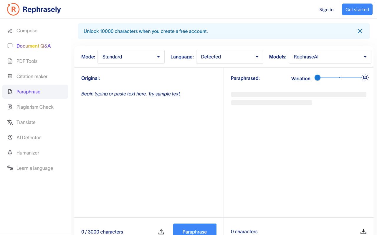 Rephrasely — website screenshot