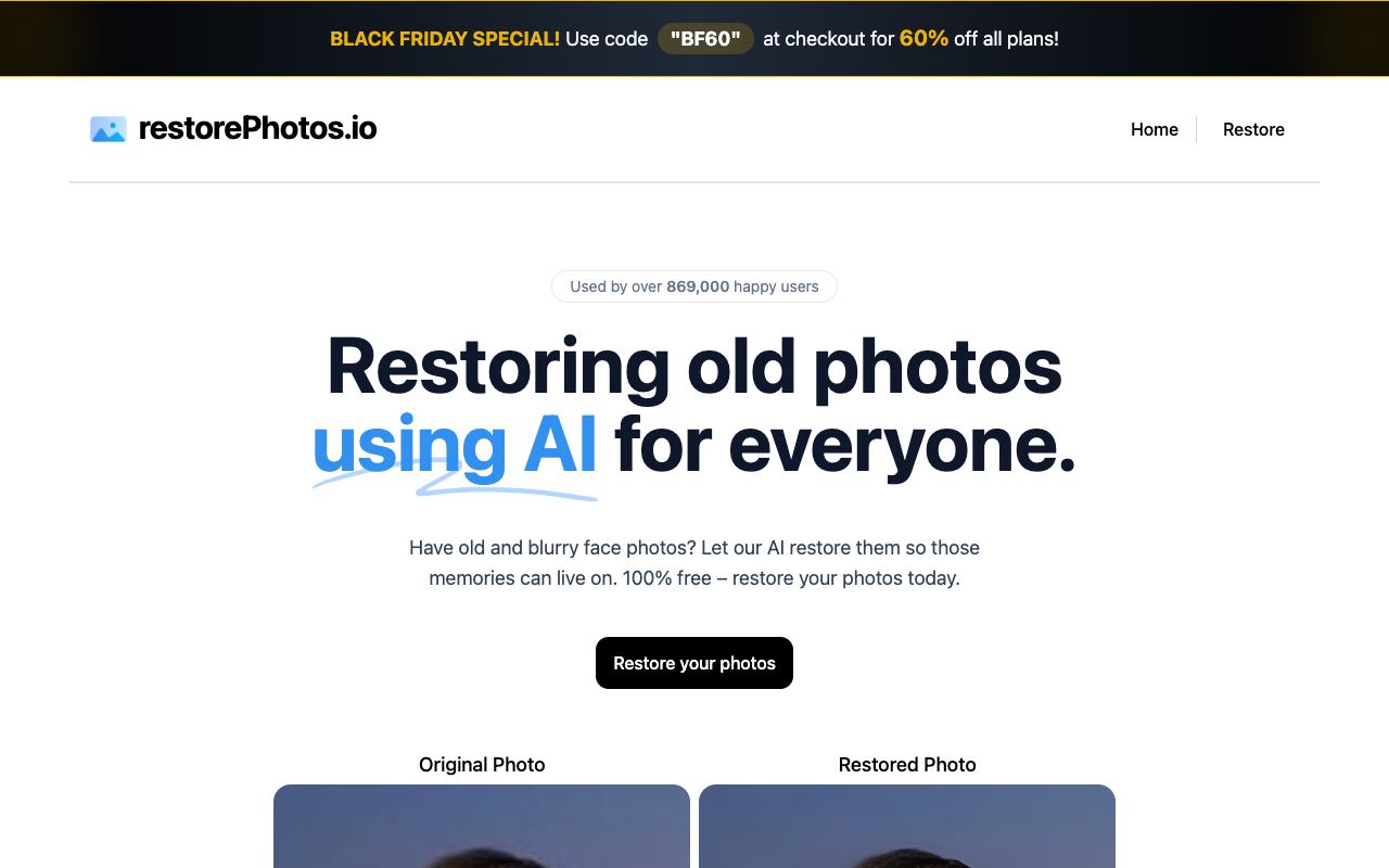 RestorePhotos — website screenshot