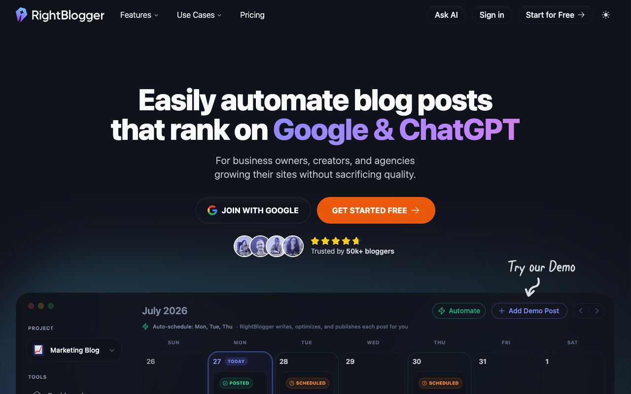 Right Blogger — site ekran görüntüsü