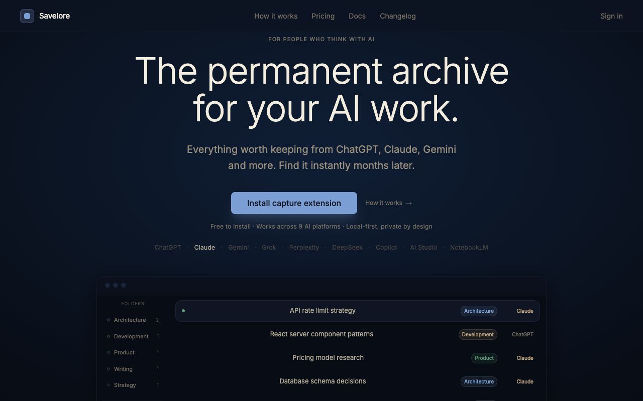 Savelore — website screenshot