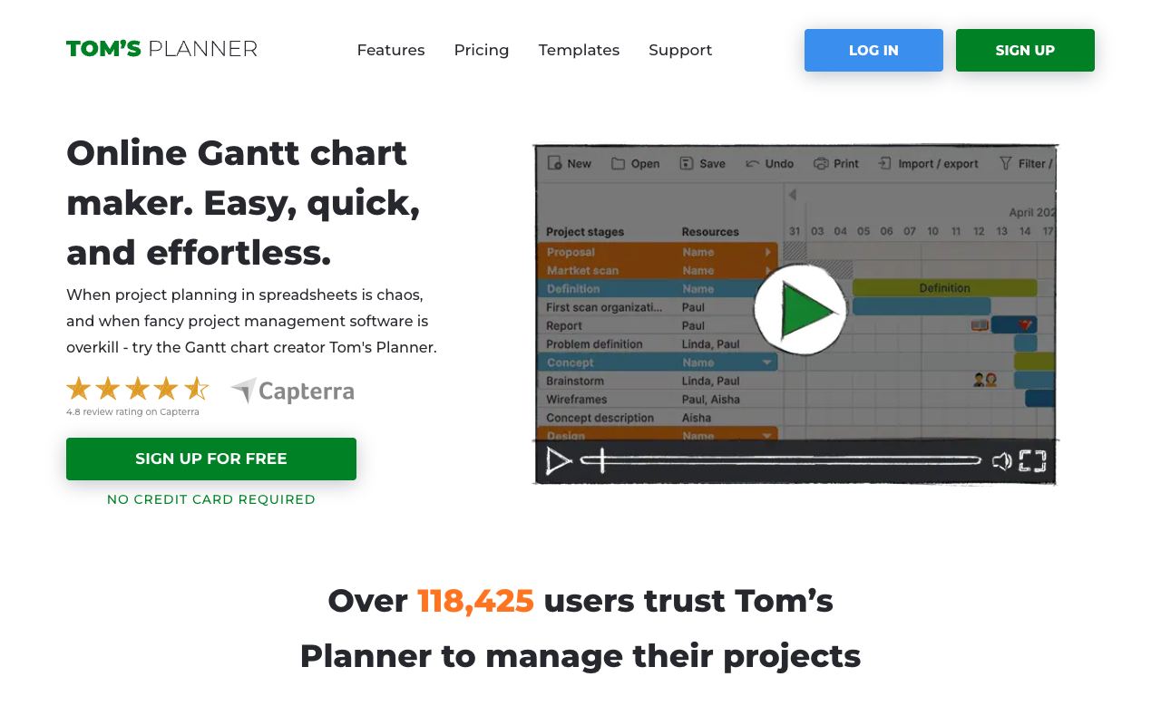 Tom's Planner AI Assist — website screenshot