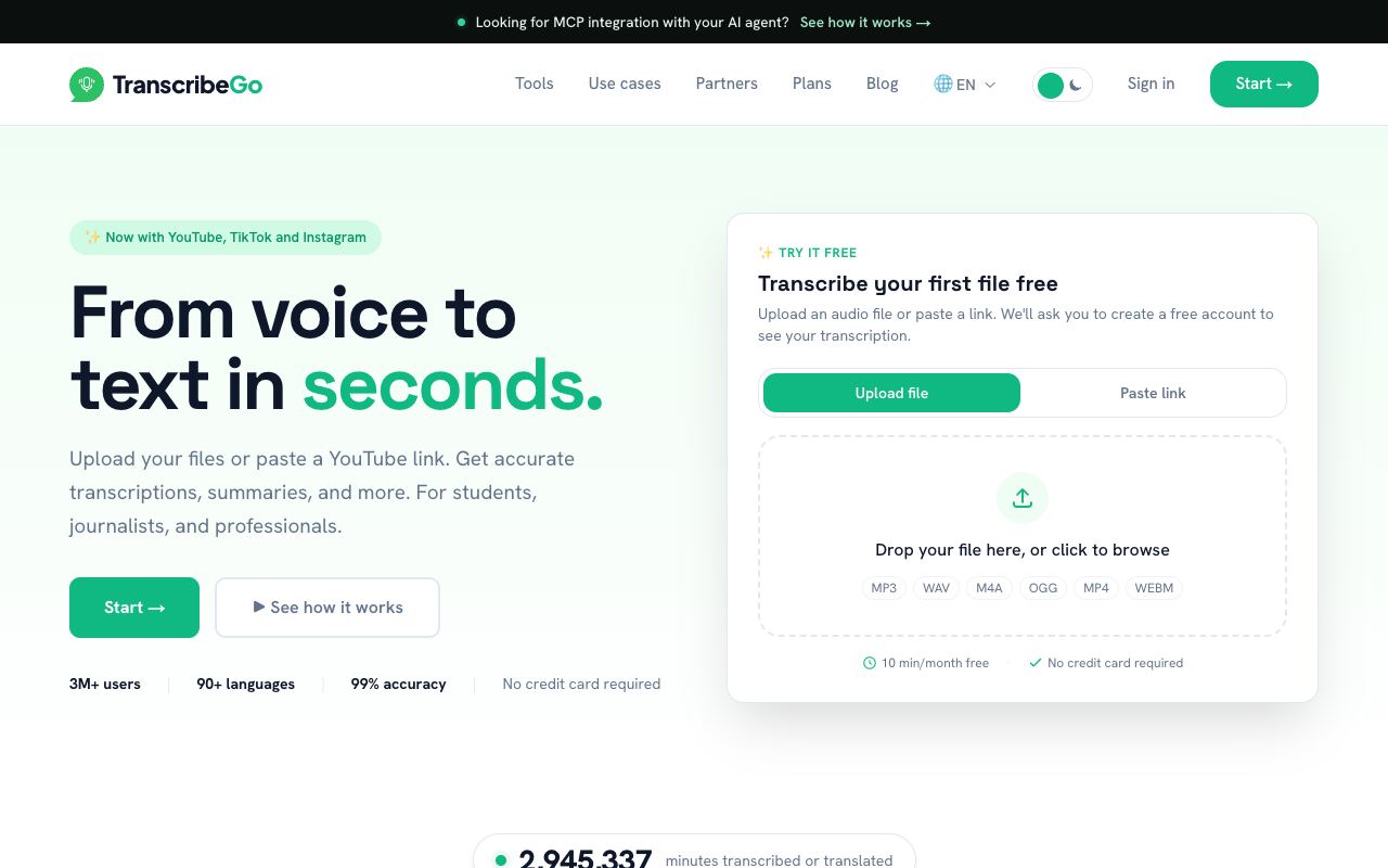 TranscribeGo — website screenshot