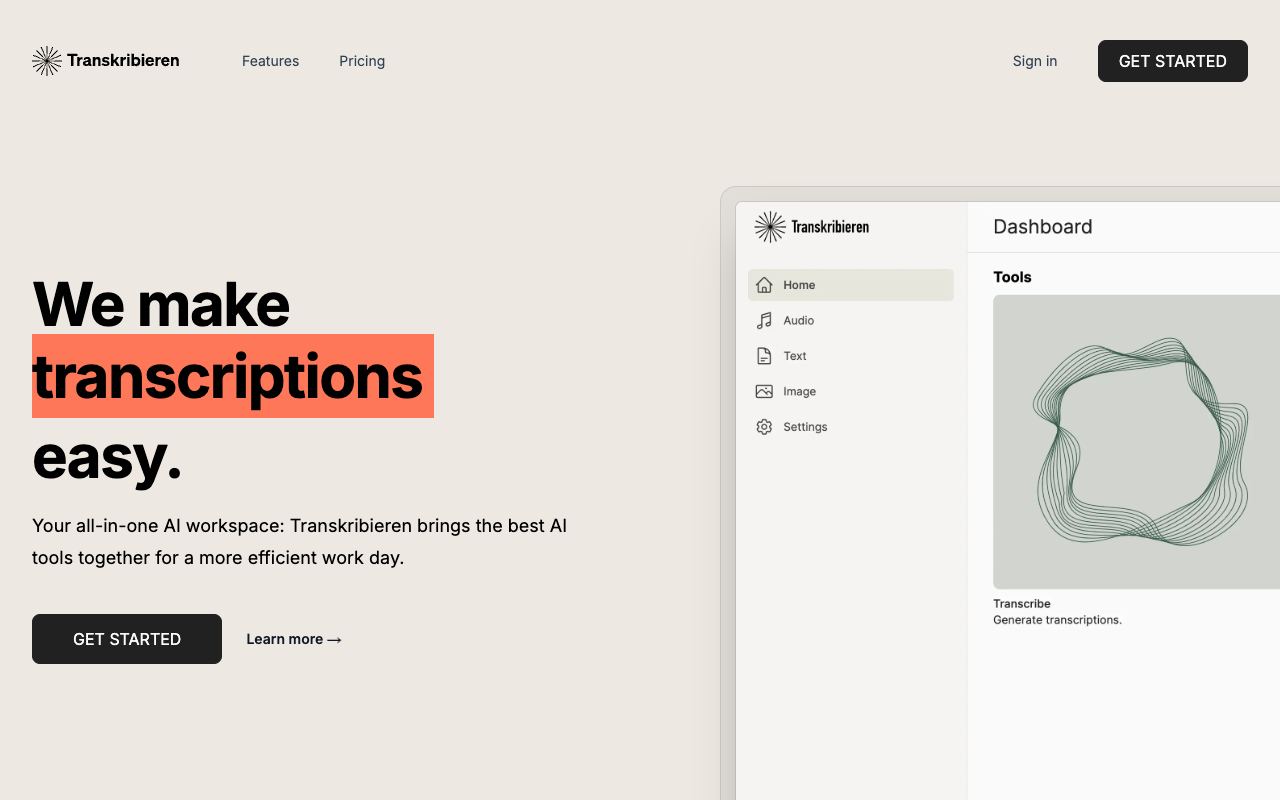 Transkribieren — site ekran görüntüsü