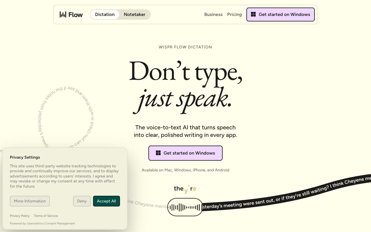 Wispr Flow — captura de pantalla del sitio web