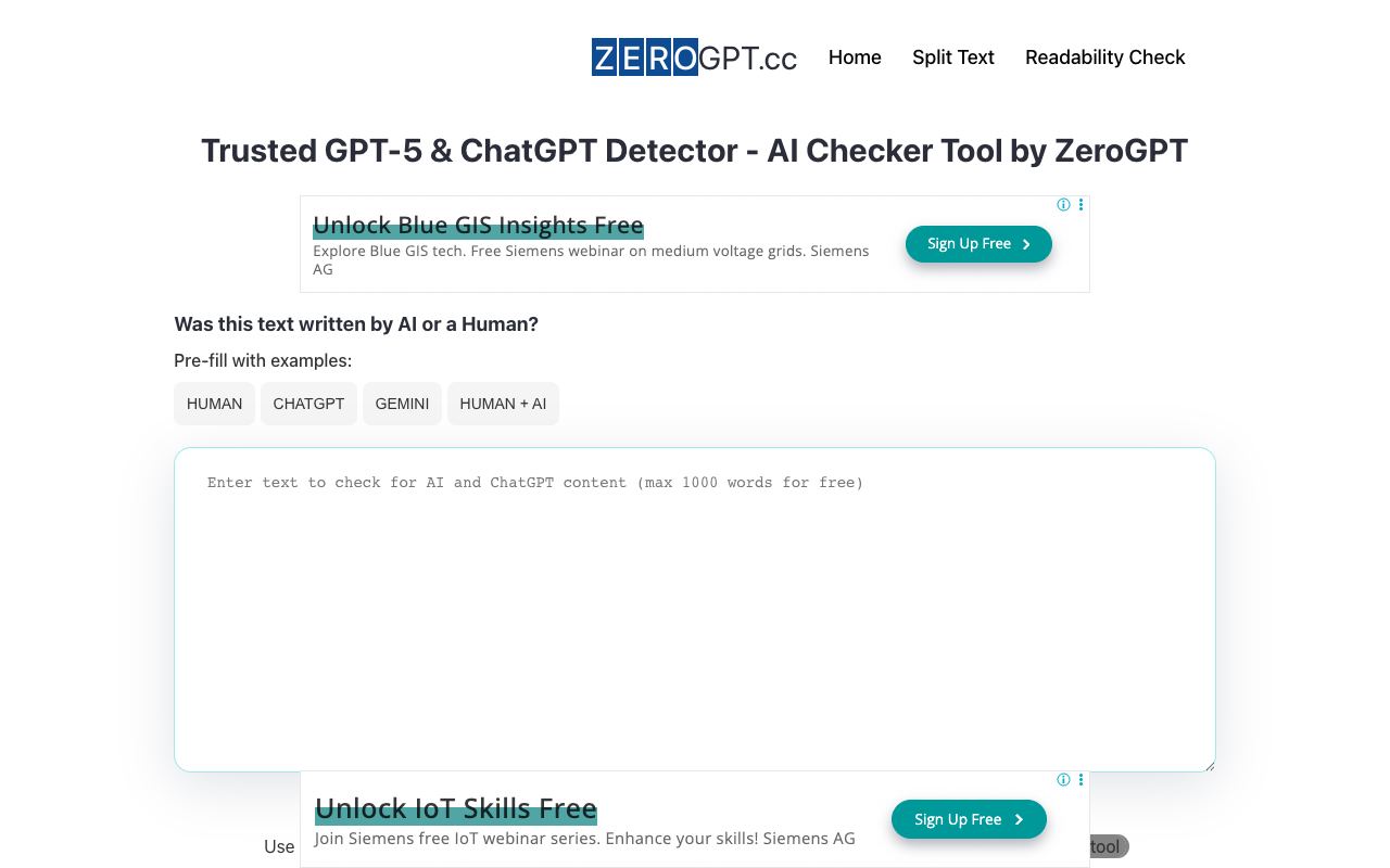 ZeroGPT — website screenshot